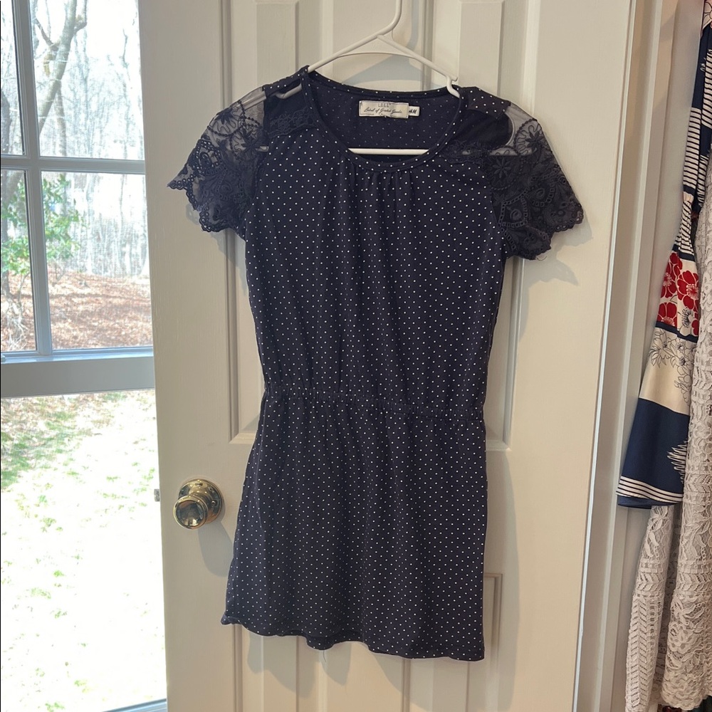 H&M Black Polka Dot Mini Dress with Lace Sleeves